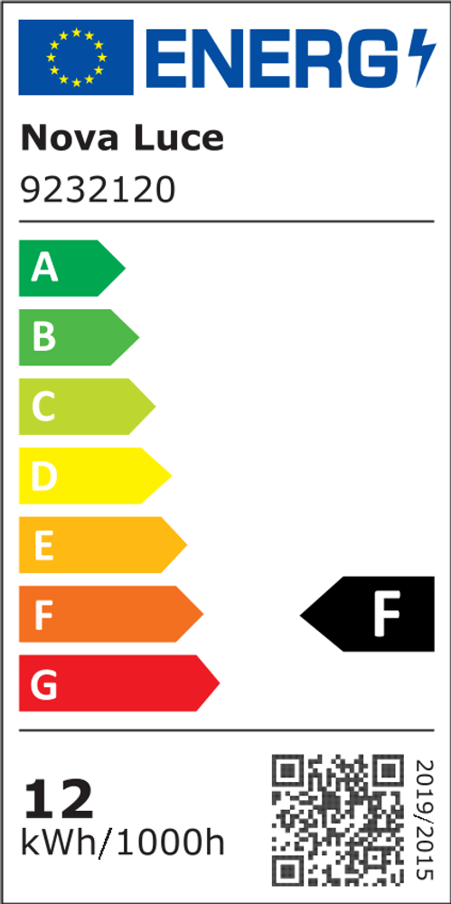 Energieeffizienzlabel für Nova Luce, zeigt Klasse F, 12 kWh/1000h, zur Energieeinsparung.