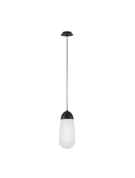 Suspension Blaky Ø 18 cm noire, blanche avec diffuseur en verre opalin, au design moderne et à la géométrie minimaliste.