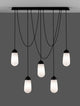 Blaky Pendelleuchte Balken 103cm 5-flammig Schwarz, Weiß mit opalisiertem Glas und mattem Metalldesign.