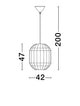 Maßzeichnung der Bola Pendelleuchte Ø 42cm Braun, zeigt die Abmessungen 42 cm Durchmesser und 200 cm Höhe.