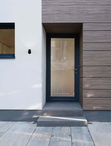 Brice LED outdoor wall light 3000K IP54 in anthracite on a modern front door, outdoor wall lighting beside entrance