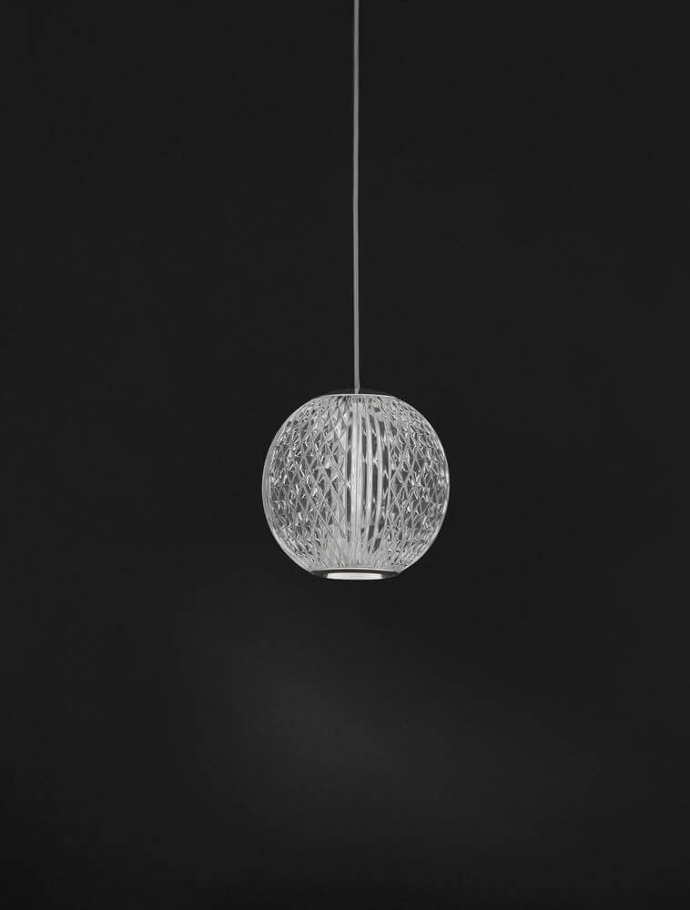 Brillante LED Pendelleuchte Ø 12cm 3200K in elegantem Design mit glänzendem Chrom-Aluminium und klarem Acryl.