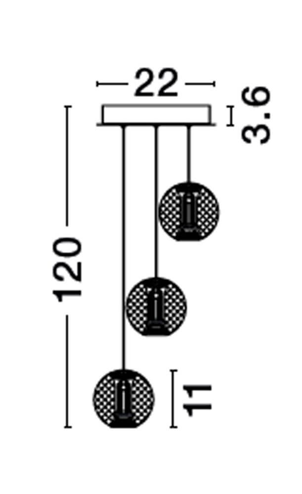 Brillante LED Pendelleuchte 3-flammig Ø 22cm 3200K technische Zeichnung mit Maßen.