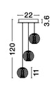 Brillante LED Pendelleuchte 3-flammig Ø 22cm 3200K technische Zeichnung mit Maßen.