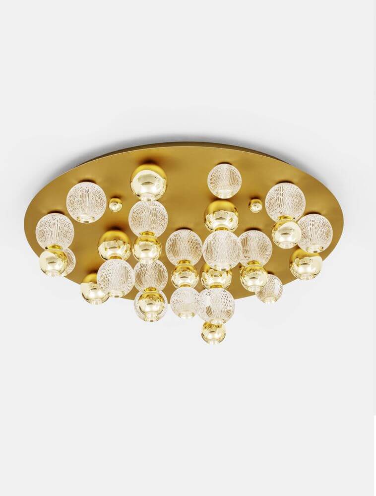 Brille LED Deckenleuchte Ø 92cm in Gold mit 19 Flammensystem, modernes Design aus Glas und Aluminium.