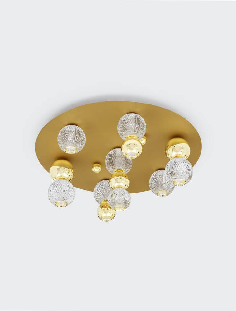 Brille LED Deckenleuchte 7-flammig Ø 66cm 3200K Gold mit modernen Glaskugeln und goldener Oberfläche.