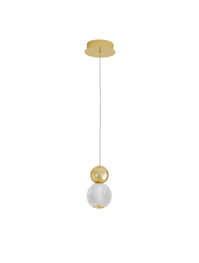 Brille LED Pendelleuchte Ø 11cm 3200K Gold, elegante Leuchte mit goldenen und gläsernen Elementen.