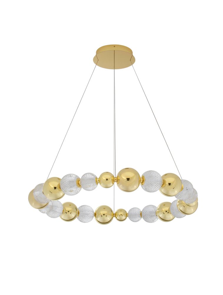 Brille LED Pendelleuchte in Gold mit 12-flammigem Design und Kugeln aus Aluminium und Glas, Ø 94cm.