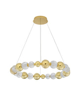 Brille LED Pendelleuchte in Gold mit 12-flammigem Design und Kugeln aus Aluminium und Glas, Ø 94cm.
