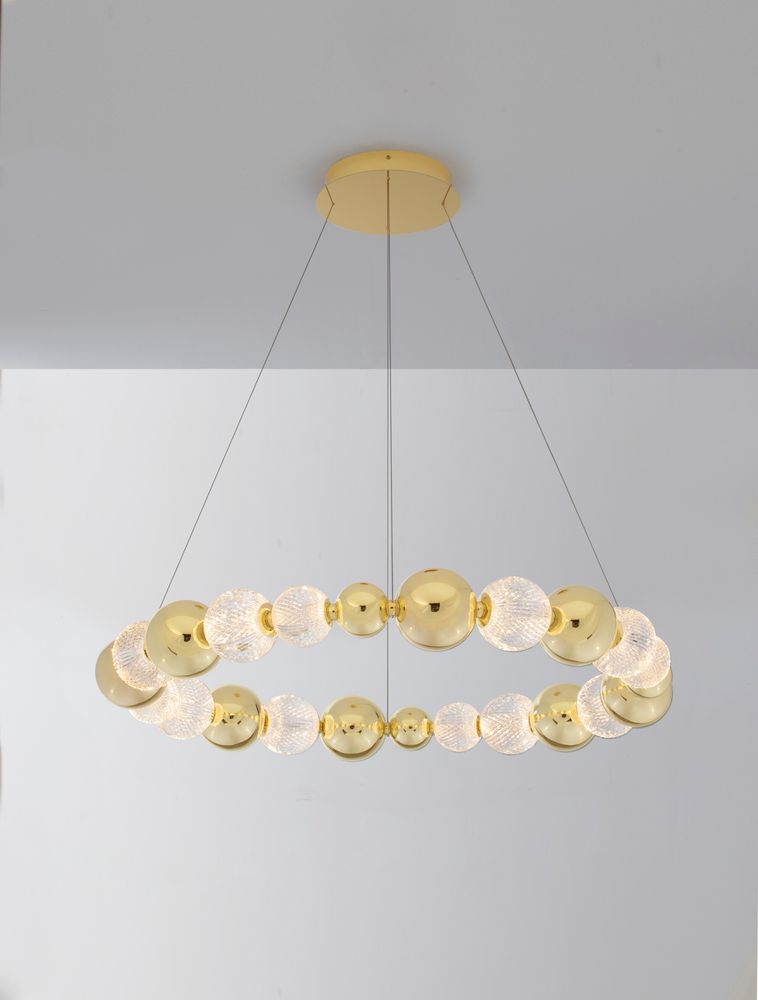 Brille LED Pendelleuchte 12-flammig in Gold mit Glasdetails, Ø 94cm, dimmbar und moderne Eleganz.