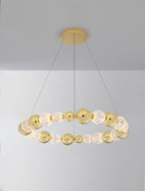 Brille LED Pendelleuchte 12-flammig in Gold mit Glasdetails, Ø 94cm, dimmbar und moderne Eleganz.