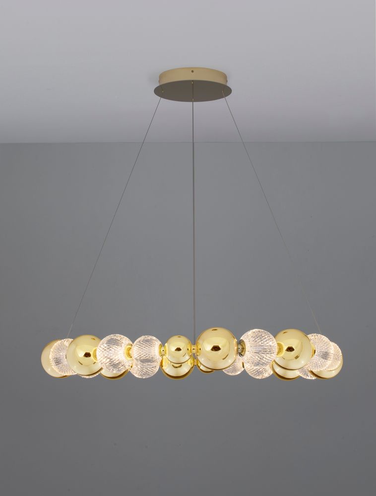 Brille LED Pendelleuchte 12-flammig in Gold, Ø 94cm, dimmbar und mit stilvollem Aluminium-Glas-Design.