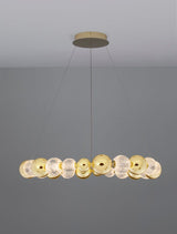 Brille LED Pendelleuchte 12-flammig in Gold, Ø 94cm, dimmbar und mit stilvollem Aluminium-Glas-Design.