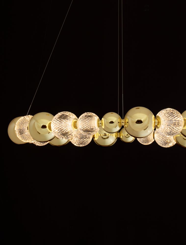 Brille LED Pendelleuchte 12-flammig, Ø 94cm, goldene Aluminium/Glas-Lampe mit Dimmfunktion und 3200K Licht.