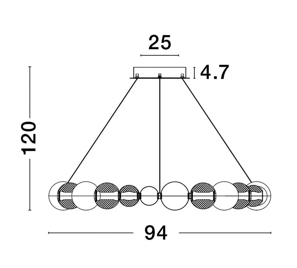 Technische Zeichnung der Brille LED Pendelleuchte 12-flammig, Ø 94cm, dimmbar, gold, Maße: 120 cm Höhe, 94 cm Breite.