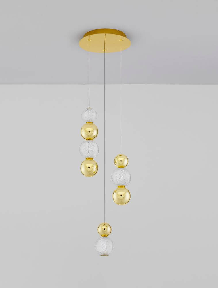Brille LED Pendelleuchte 4-flammig Ø 30cm 3200K Gold, elegante mehrflammige Leuchte mit goldenen und gläsernen Elementen.
