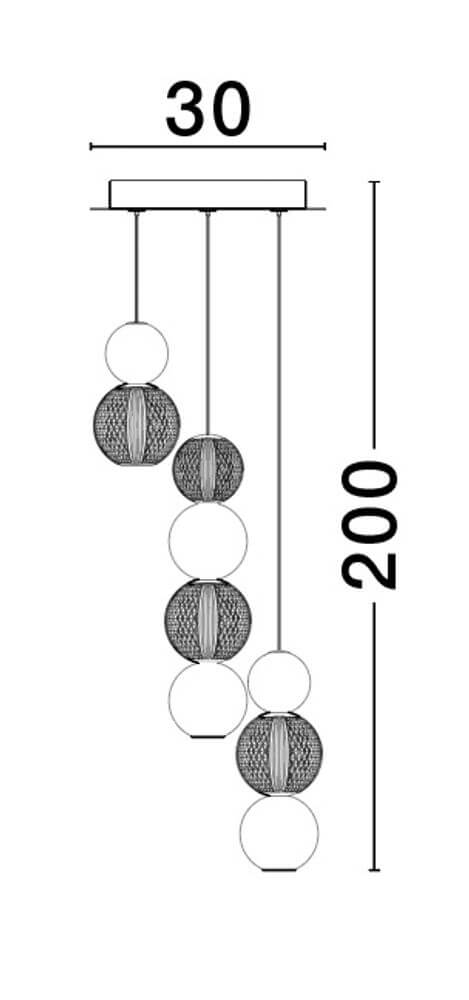 Brille LED Pendelleuchte 4-flammig Ø 30cm 3200K Gold mit Abmessungen 30cm Breite und 200cm Höhe.