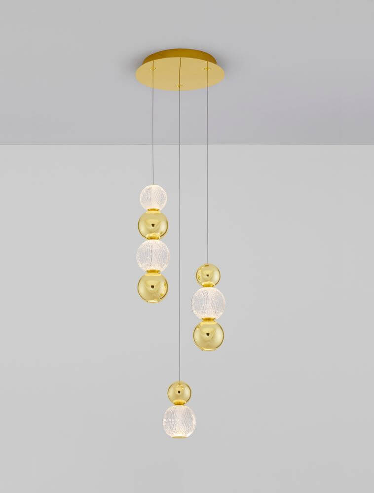 Brille LED Pendelleuchte 4-flammig Ø 30cm 3200K Gold im eleganten Design mit goldener und gläserner Oberfläche.