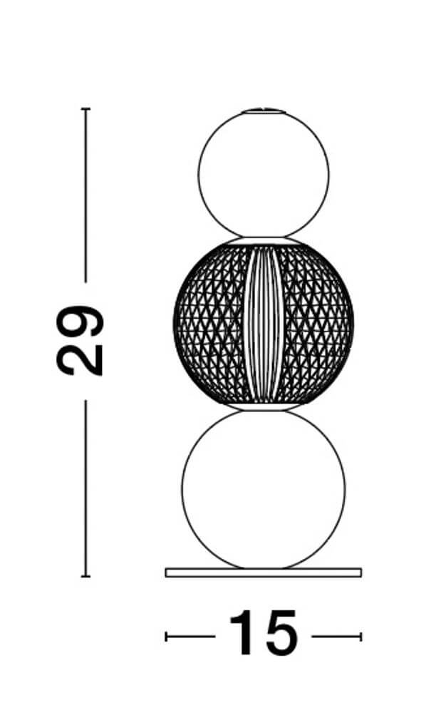 Technische Zeichnung der Brille LED Tischleuchte Ø 12cm 3200K Gold mit Maßen 29cm x 15cm.