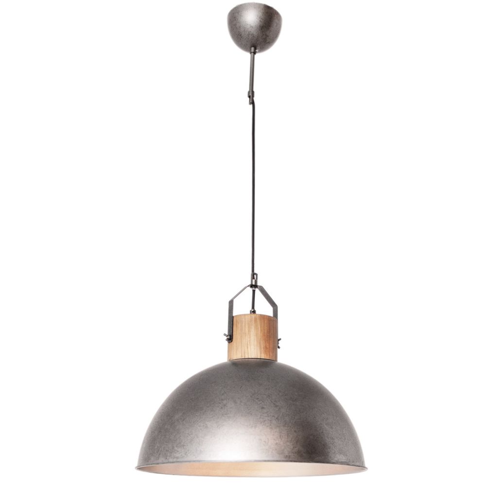 Buckler Pendelleuchte Ø 45cm im Retro-Stil mit antiksilberfarbener Schirm und Holzdetails.