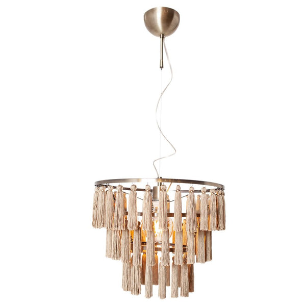 Suspension Chloe Ø 40 cm avec cadre en métal ancien et franges beige, design rétro moderne.