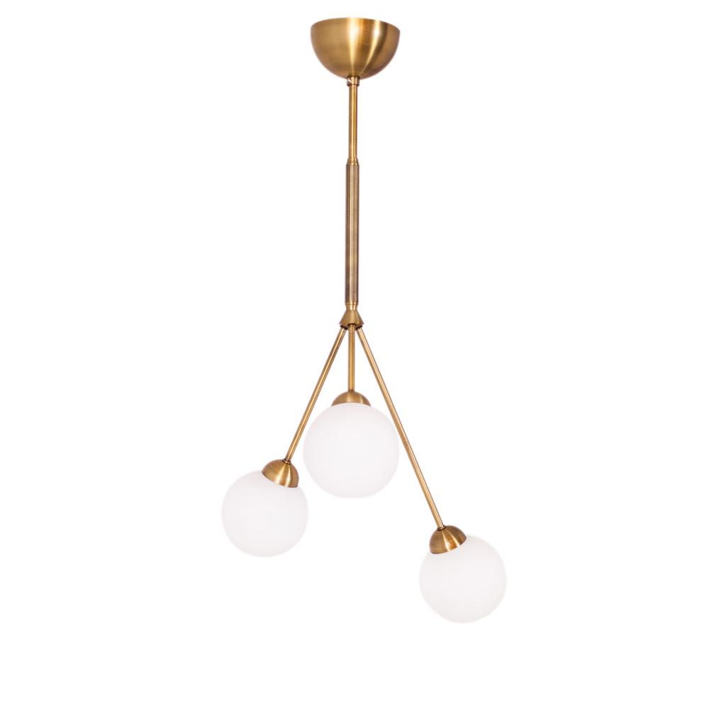 Taklampe 3Some 3-lys antikk gull med tre glasskuler og antikkgull-farget messingsdesign.