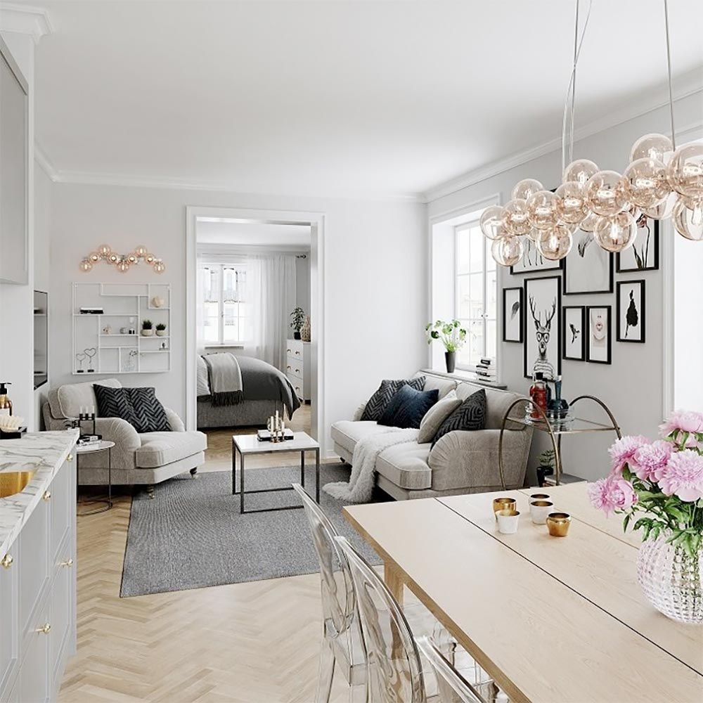 Moderne Einrichtung mit Wandleuchte Splendor, stilvolles Wohnzimmer mit eleganten Möbeln und Dekoration.