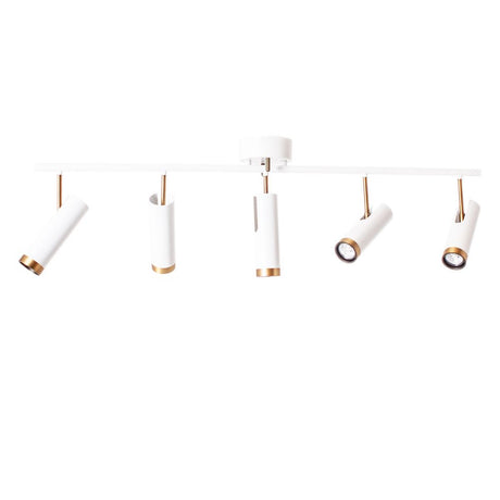 Takspotlight Puls med 5 ljuskällor – elegant taklampa med fem spotlights i mattvit och guldfärgad metall.
