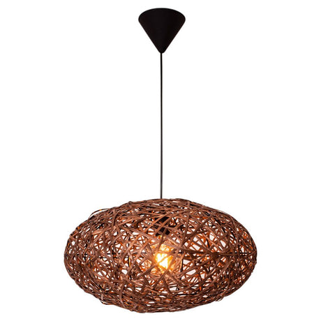 Lampa wisząca Diego z rattanu, rustykalne, ręcznie wykonane oświetlenie sufitowe o owalnym kształcie i bursztynowym źródle światła.