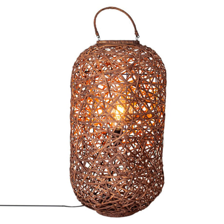Diego floor lamp made of rattan with an amber light source and a handcrafted lantern-shaped look.