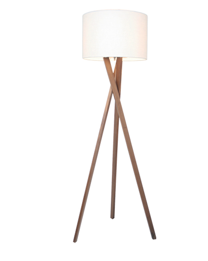 Tripod floor lamp Vega 160cm walnut, white with light walnut wood and white fabric shade.