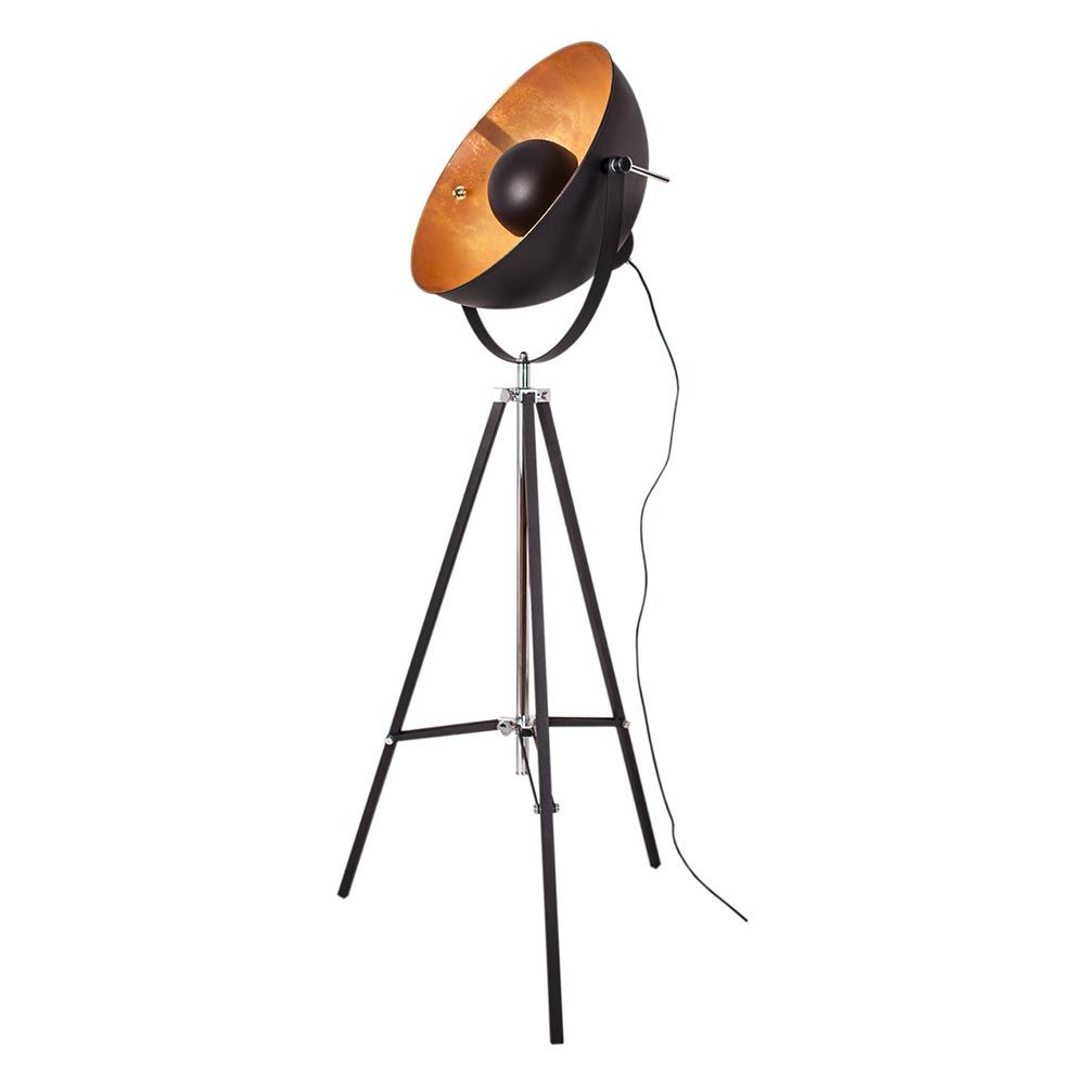 Dreibeinlampe Captain in Schwarz mit goldfarbenem Lampenschirm, ideal für ein stilvolles Wohnambiente.