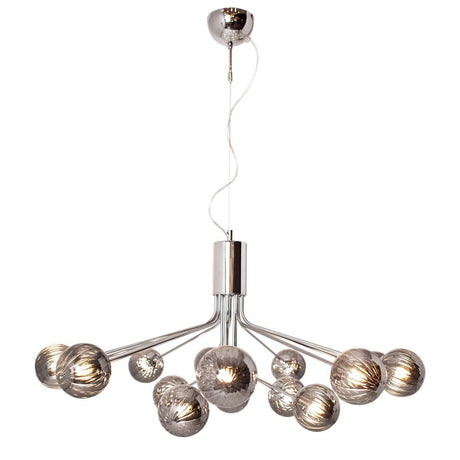 Galax lampada a sospensione a 15 luci con struttura metallica color cromo e paralumi in vetro grigio fumo.