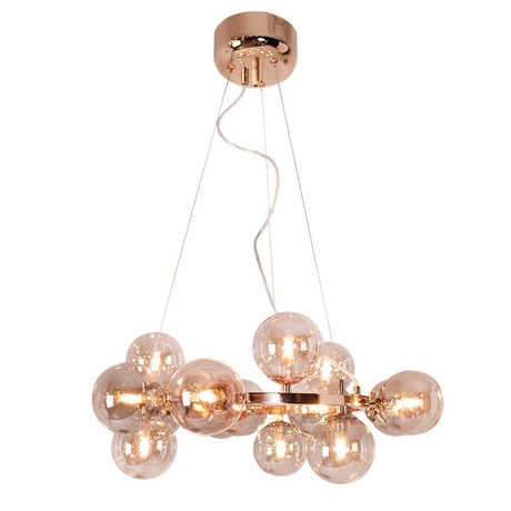 Lampada a sospensione in vetro Splendor 15 luci Amber con eleganti sfere di vetro e design moderno.