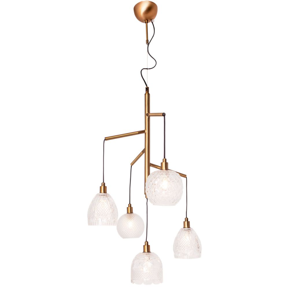 Grace Hängeleuchte 5-flammig mit milchigen Glasschirmen und Messingrahmen für modernes Interieur.