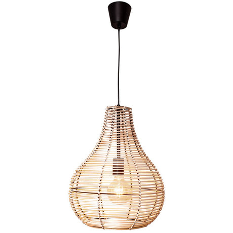 Lampa wisząca Granada z rattanu w gruszkowym designie z czarną metalową ramą i ciepłym światłem.