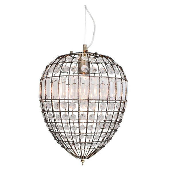 Suspension Amadeus Ø 30 cm antique en forme de goutte avec prismes en verre et fil métallique antique.