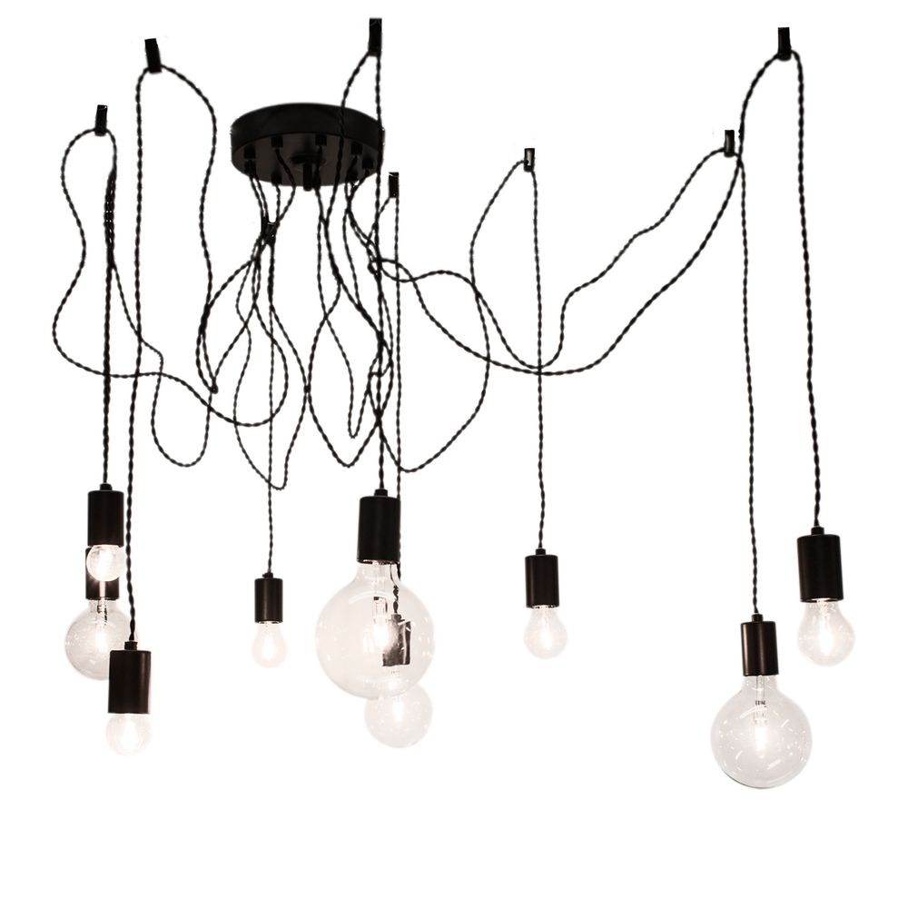 Taklampe Spindelon med 9 lys. Svart med justerbar tekstilledning og ni lampesokler.