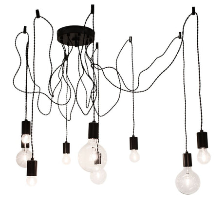 Suspension Spindelon à 9 lumières, noire, avec câble textile réglable et neuf douilles.
