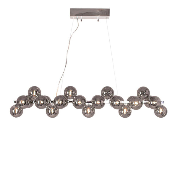Lámpara colgante Splendor Bar 124cm con 24 globos de cristal y suspensión cromada, ideal para el comedor o una mesa de conferencias.