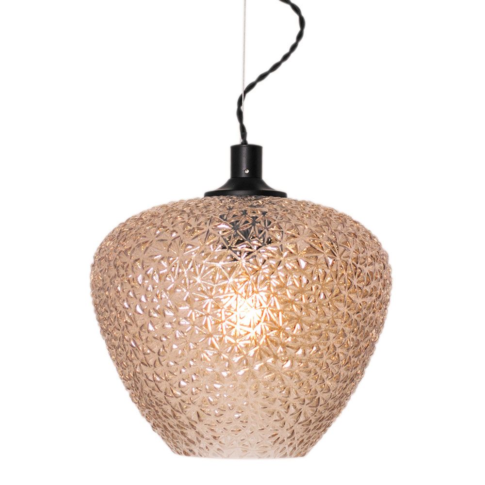 Taklampe strukturglass Mabeo Ø 29 cm Amber med strukturert glass og svart tekstilkabel.