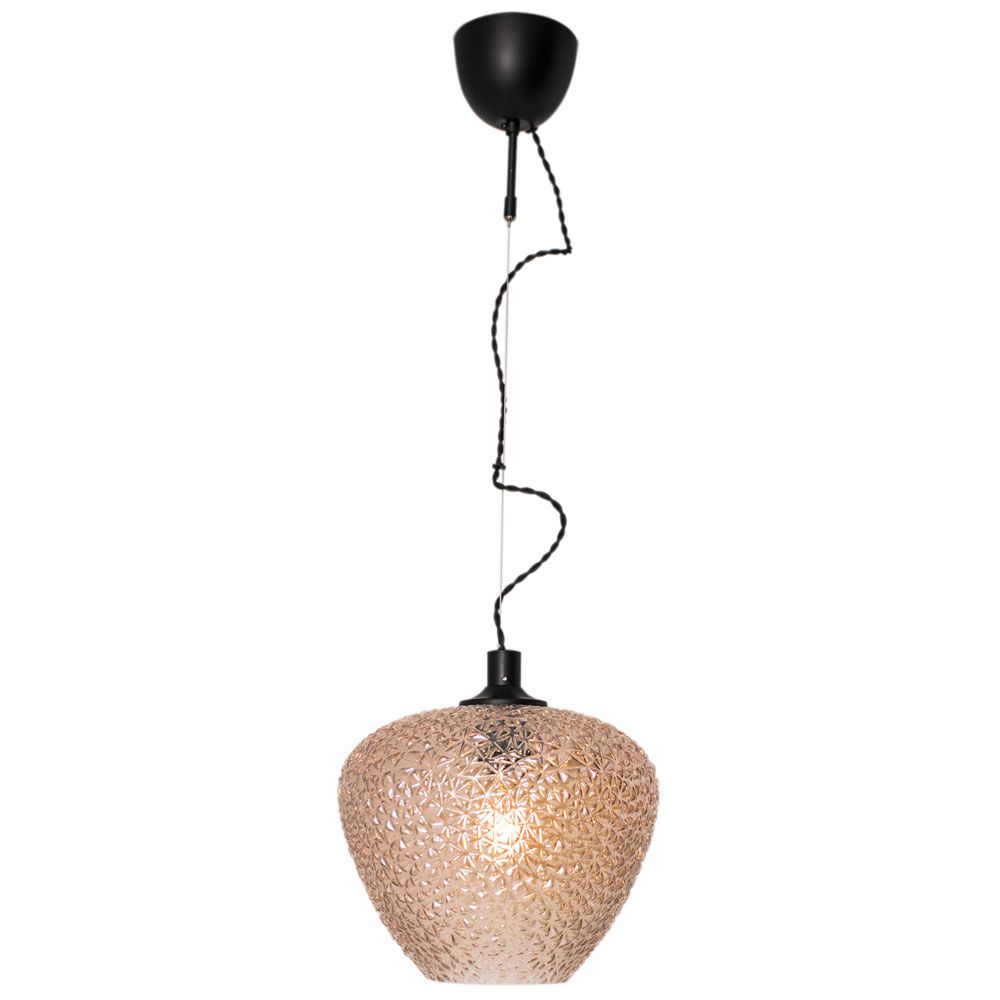 Taklampe strukturglass Mabeo Ø 29 cm Amber med strukturert glass og svart tekstilkabel.