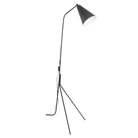 Yukon tripod floor lamp in black on a delicate frame with a swiveling lampshade and matte finish.