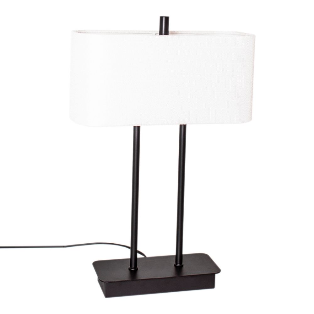 Bordlampe Luton hvit med svart sokkel og rektangulær lampeskjerm i hvitt lin.