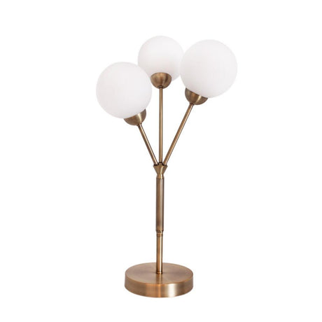 Table lamp 3Some 3-light Antique Gold with three opal glass spheres and a metal base.