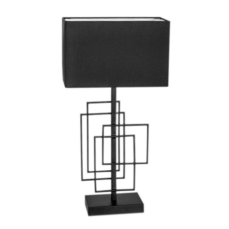 Lampada da tavolo Paragon M con paralume in tessuto nero e design grafico.