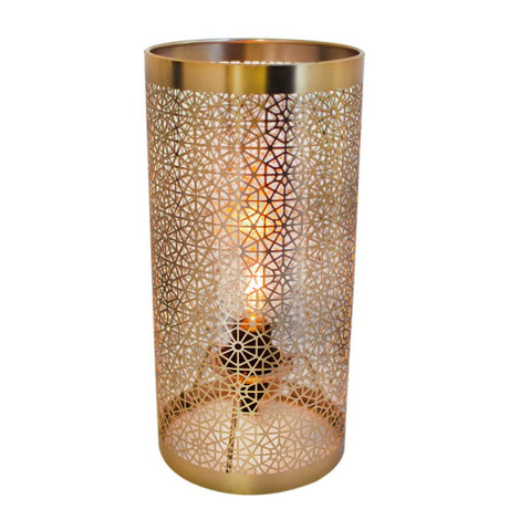 Lampe de table Hermine 28 cm laiton avec un motif doré artistique et une lumière chaleureuse.