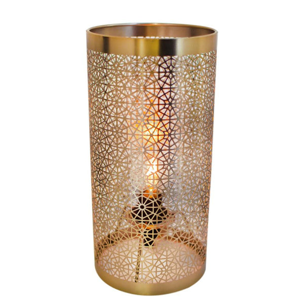 Lampe de table Hermine 28 cm laiton avec un motif doré artistique et une lumière chaleureuse.