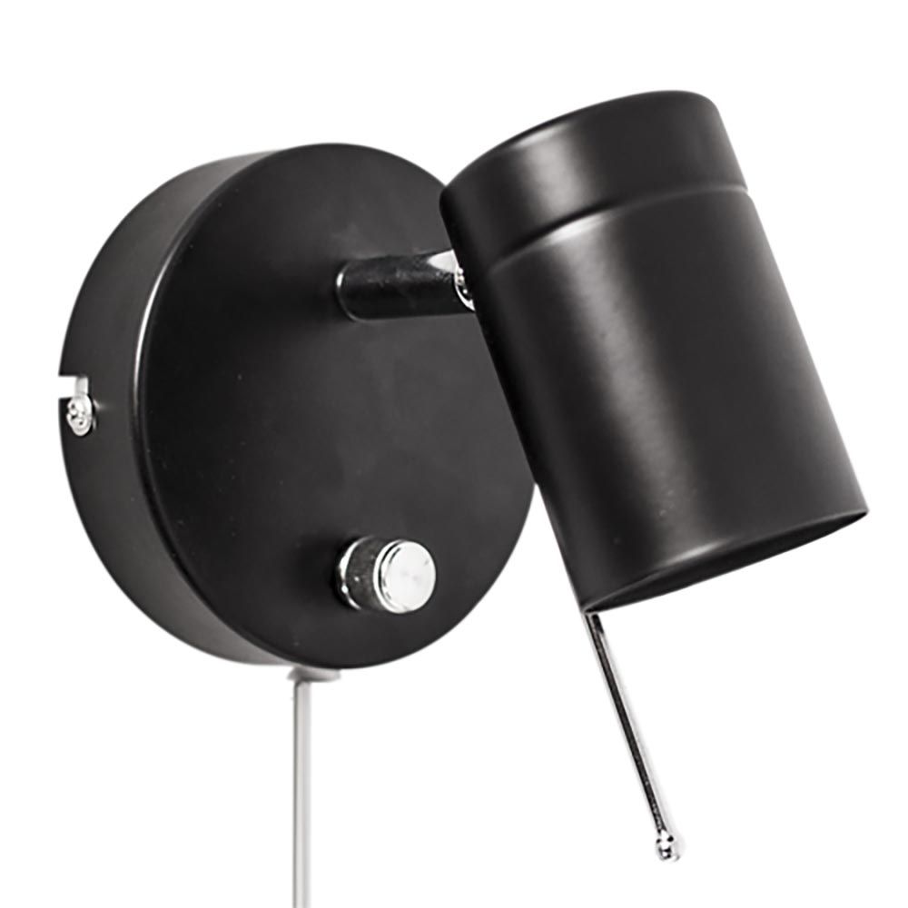Wandspot Correct in Schwarz mit verstellbarem Lampenkopf und Dimmer-Rad für optimale Lichtintensität.