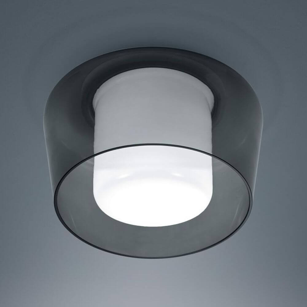 Canio Glas Deckenleuchte Ø 26cm Rauchglas mit weiß mattiertem Opalglas und moderner Graufärbung.